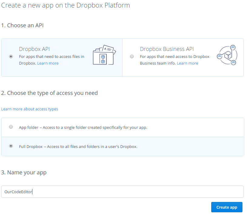 Dropbox创建应用