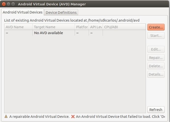 Android AVD Manager Ubuntu