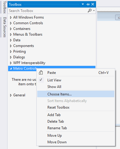 选择项目自定义工具箱Visual Studio