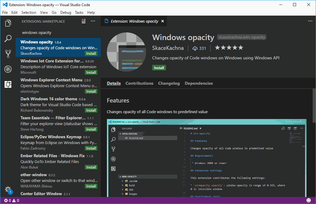 Windows Opacity Visual Studio代码插件