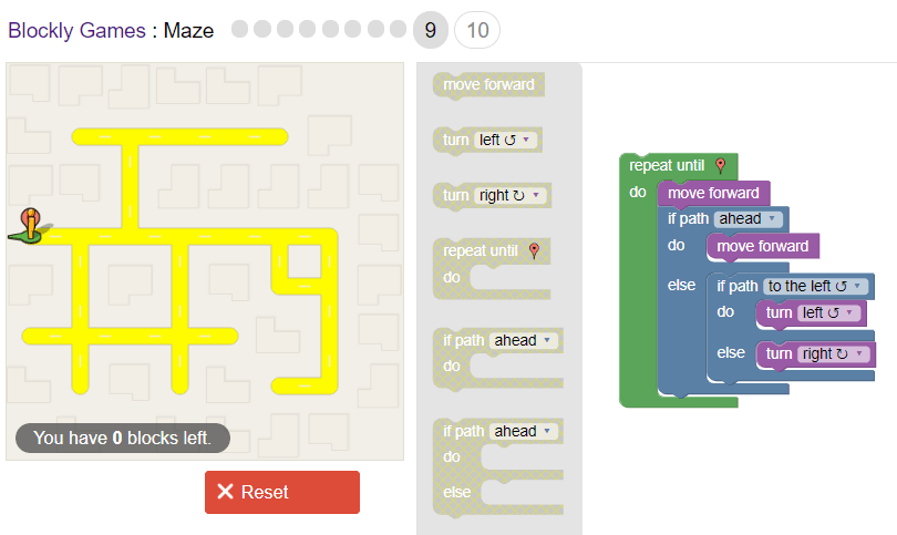 Google的Blockly Maze游戏9级