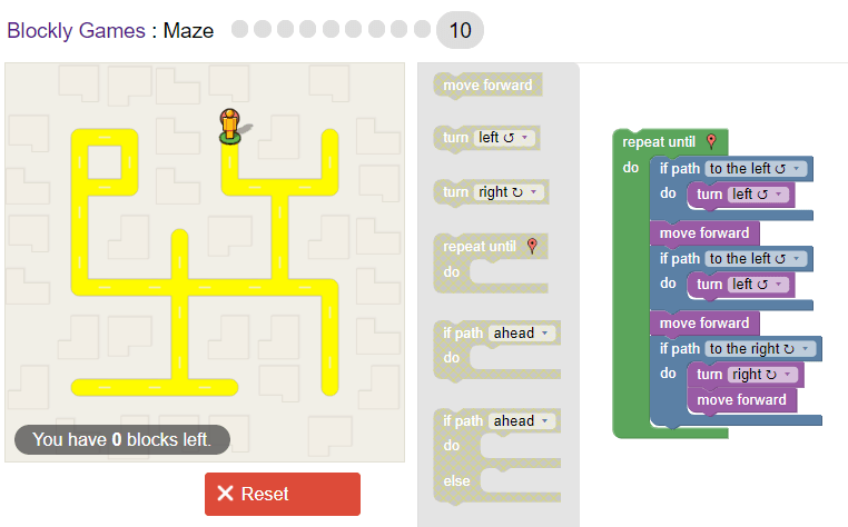 Google的Blockly Maze游戏10级